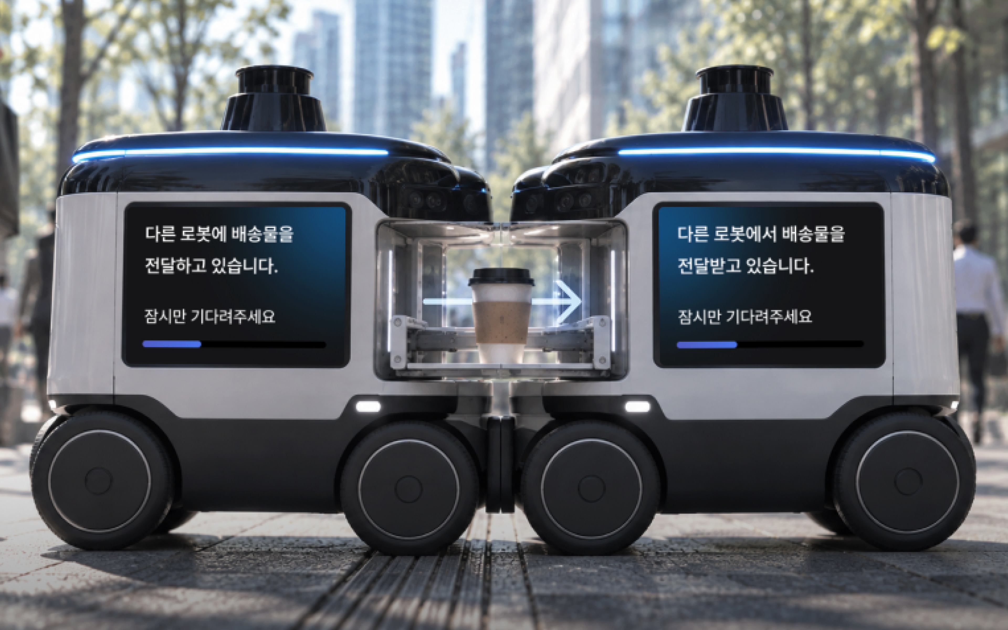 도킹 후 배송 캐리어를 옮기는 두 로봇