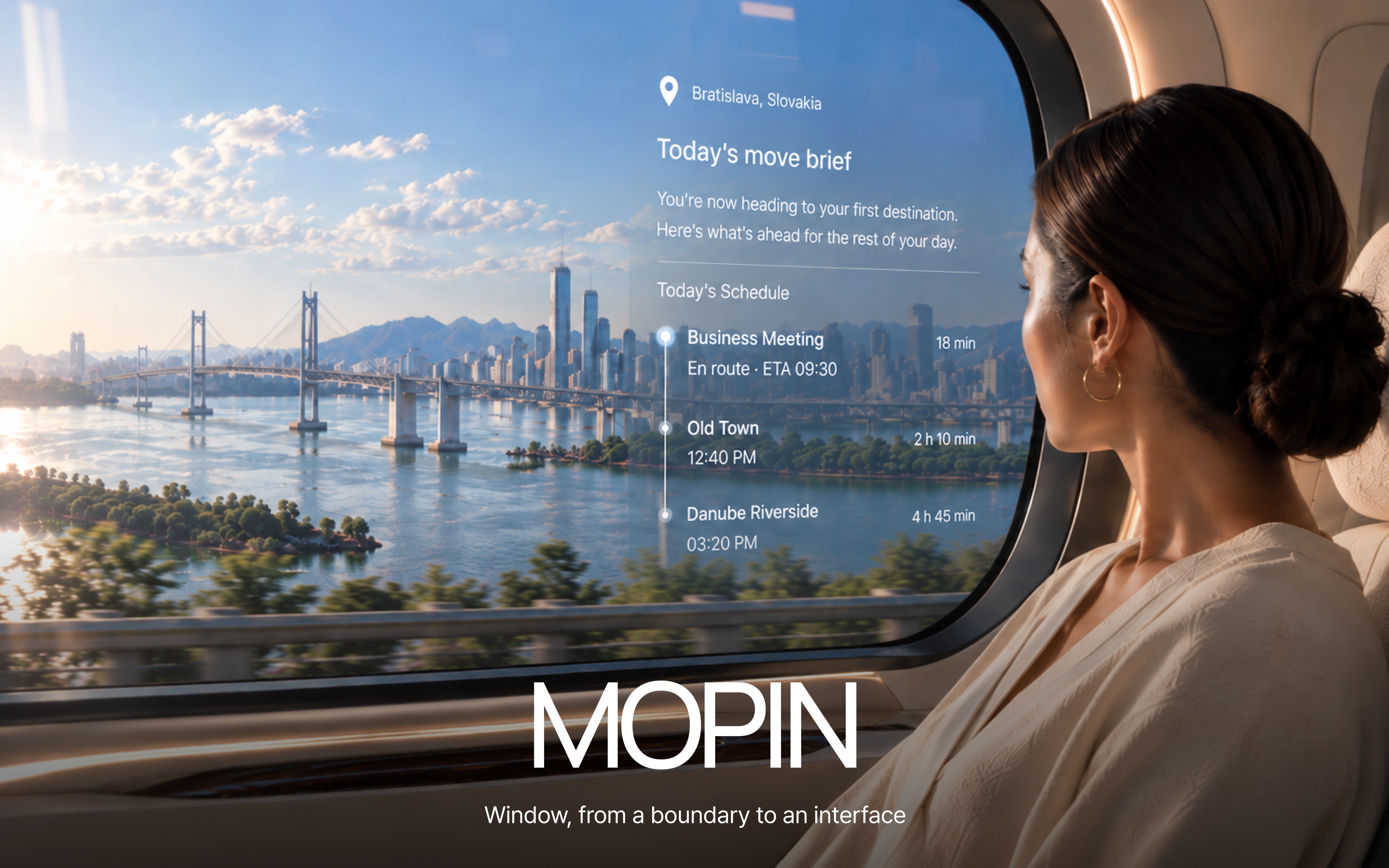 차창의 풍경과 이동 일정 정보를 함께 보는 MOPIN 창문 인터페이스